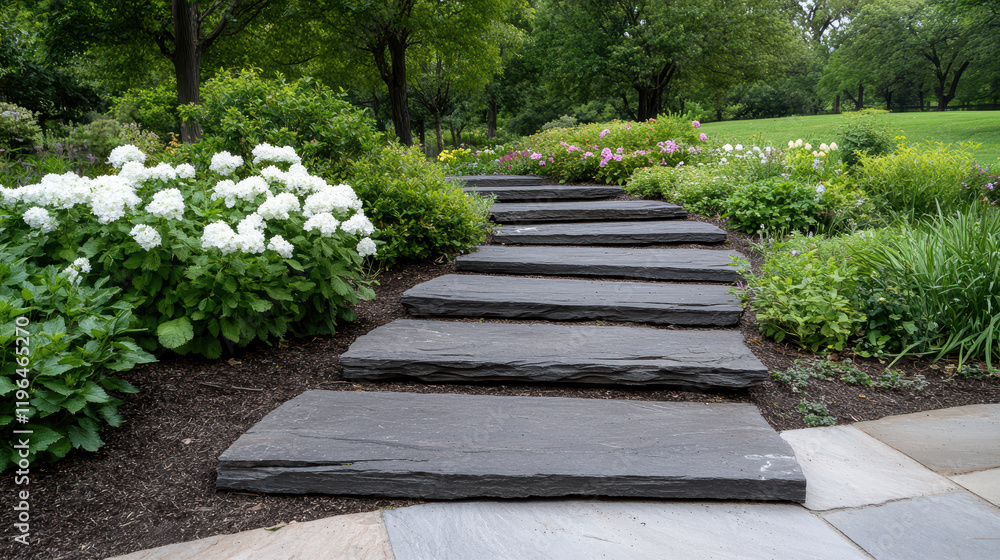 serene garden path with stone slabs surrounded by blooming flowers serene garden path with stone slabs surrounded by blooming flowers