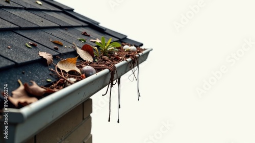 Clogged gutter with autumn leaves, debris, and small plants requiring cleaning and maintenance