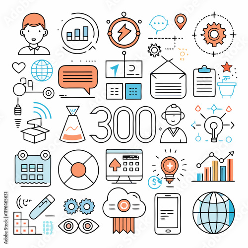 thin line icons are categorized into business, user interface, hi-tech, sport, and food themes with white background