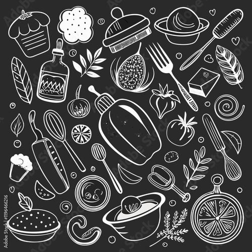 A chalkboard is covered in white chalk drawings of various food items and cooking utensils with white background