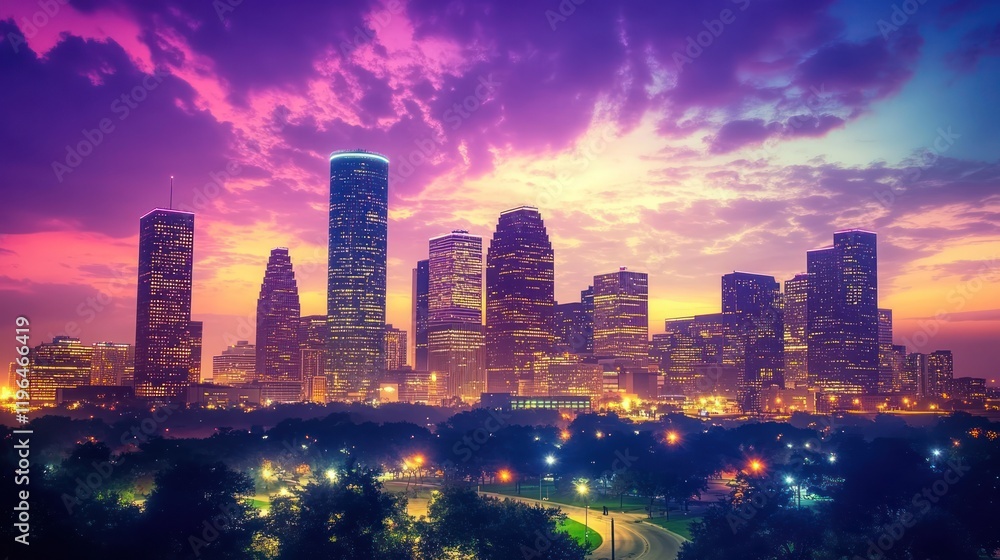 Fototapeta premium Houston Skyline at Sunset: A Vibrant Cityscape