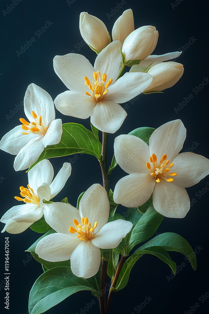 Obraz premium Delicate White Flowers Blooming on Green Stem