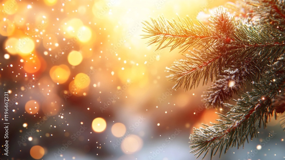 Magical Winter Wonderland: Snow-Covered Fir Branch with Golden Bokeh Lights Magical Winter Wonderland: Snow-Covered Fir Branch with Golden Bokeh Lights