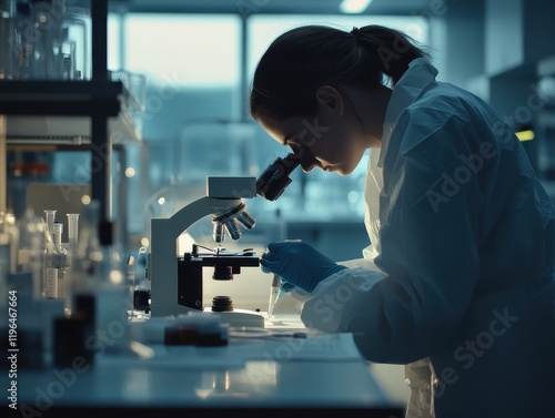 Medical Researcher Examining Samples Under a Microscope in a Modern Laboratory