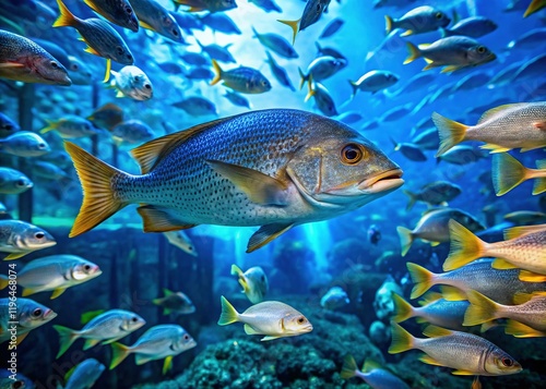 Dubai Aquarium Underwater Scene: Blue-Spotted Spinefoot & Blue Runner Fish photo