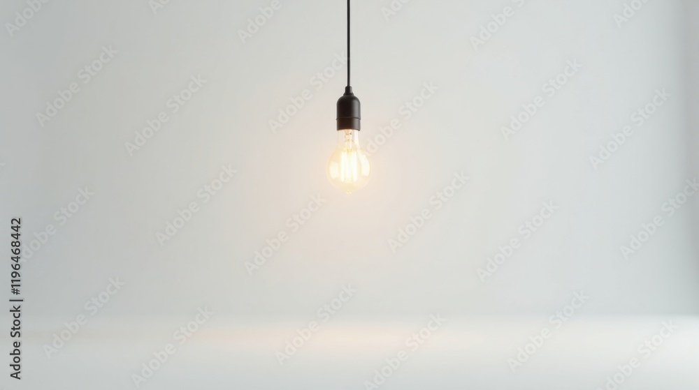 A single illuminated filament bulb hangs from a simple cord against a minimalist white backdrop, showcasing a soft warm light A single illuminated filament bulb hangs from a simple cord against a minimalist white backdrop, showcasing a soft warm light