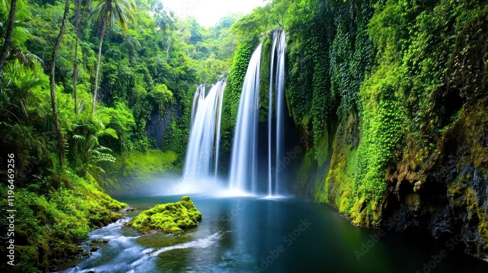 Fototapeta premium Lush Tropical Waterfall in Rainforest