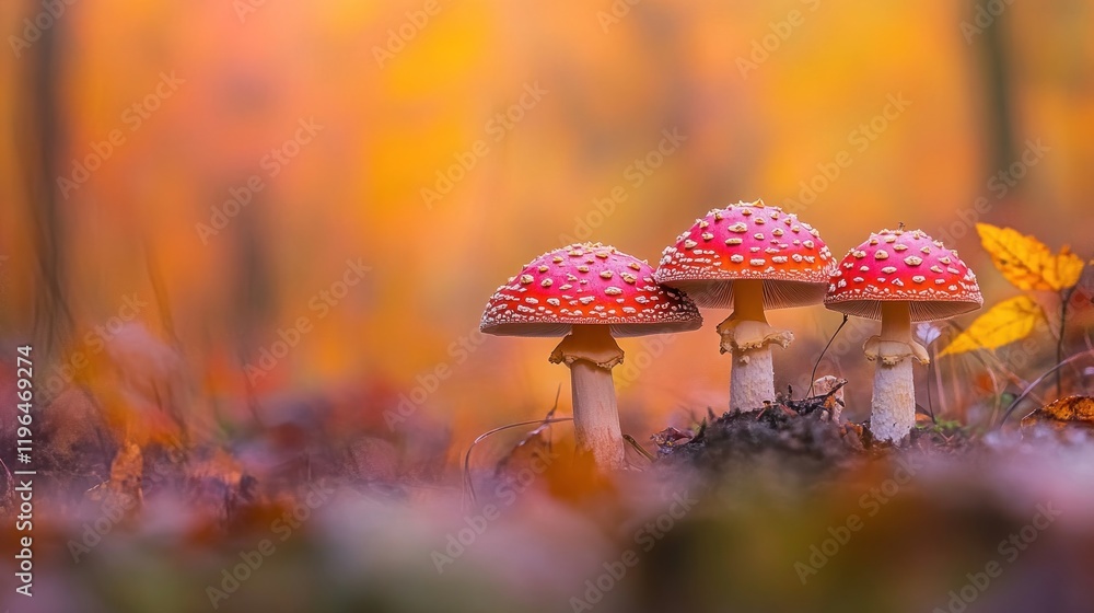 Three red toadstools with white spots in autumn forest. Three red toadstools with white spots in autumn forest.