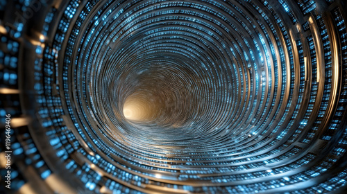 mesmerizing digital tunnel with glowing blue lights spiraling inward