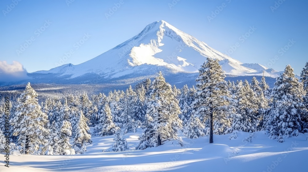 Snow-Capped Mountain Surrounded by Pine Trees Under a Clear Blue Sky Snow-Capped Mountain Surrounded by Pine Trees Under a Clear Blue Sky