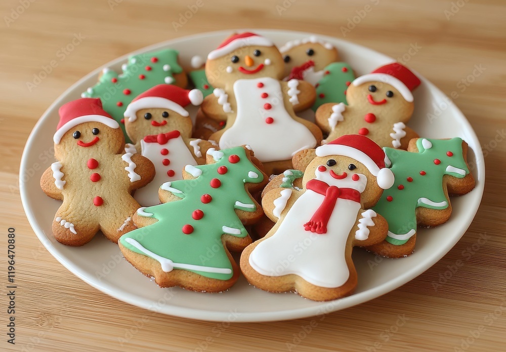 Festively Decorated Gingerbread Cookies Arranged on a Plate for Holiday Celebrations Featuring Christmas Trees, Snowmen, and Gingerbread Figures with Colorful Icing Festively Decorated Gingerbread Cookies Arranged on a Plate for Holiday Celebrations Featuring Christmas Trees, Snowmen, and Gingerbread Figures with Colorful Icing
