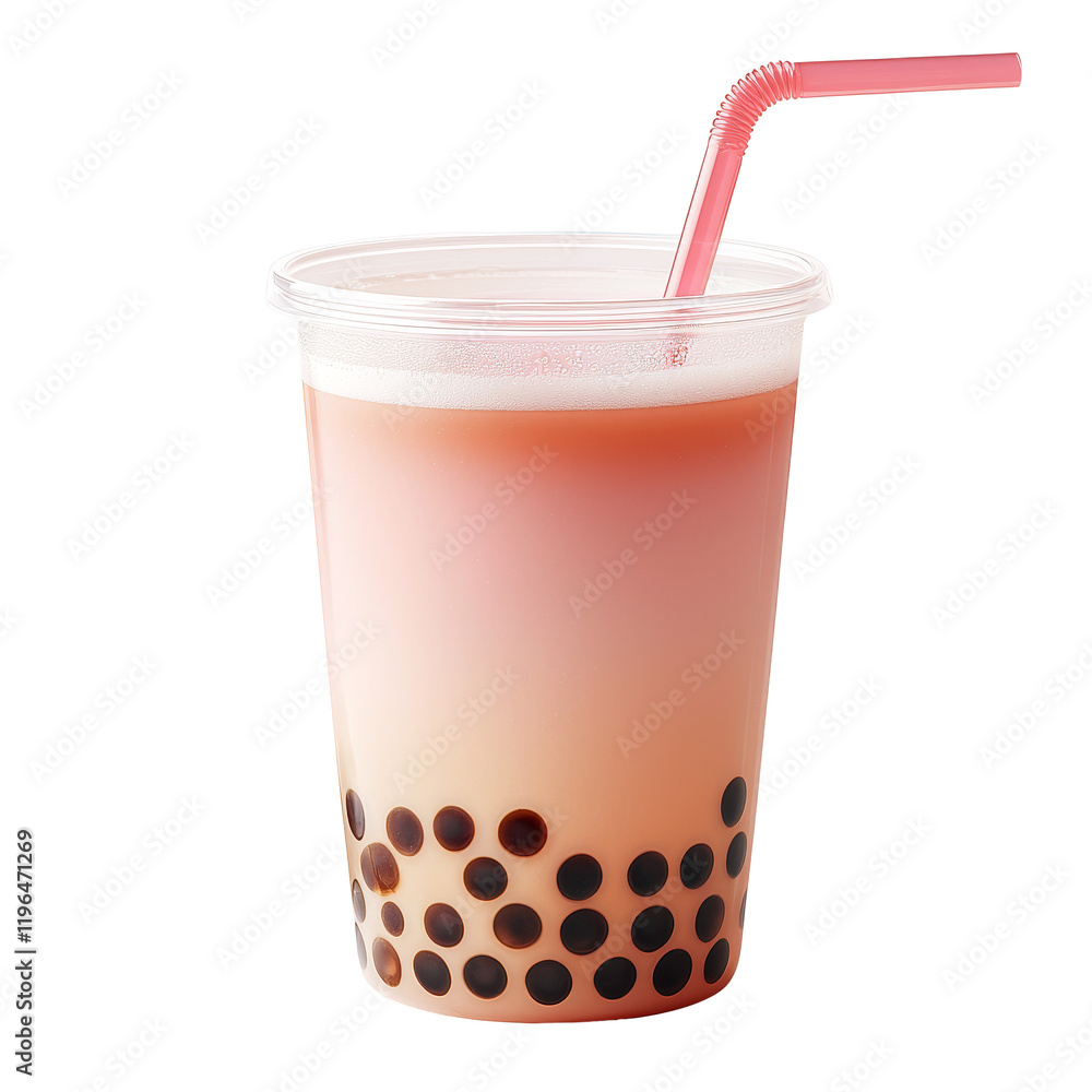 A transparent cup filled with a colorful bubble tea, featuring tapioca pearls and a pink straw. A transparent cup filled with a colorful bubble tea, featuring tapioca pearls and a pink straw.