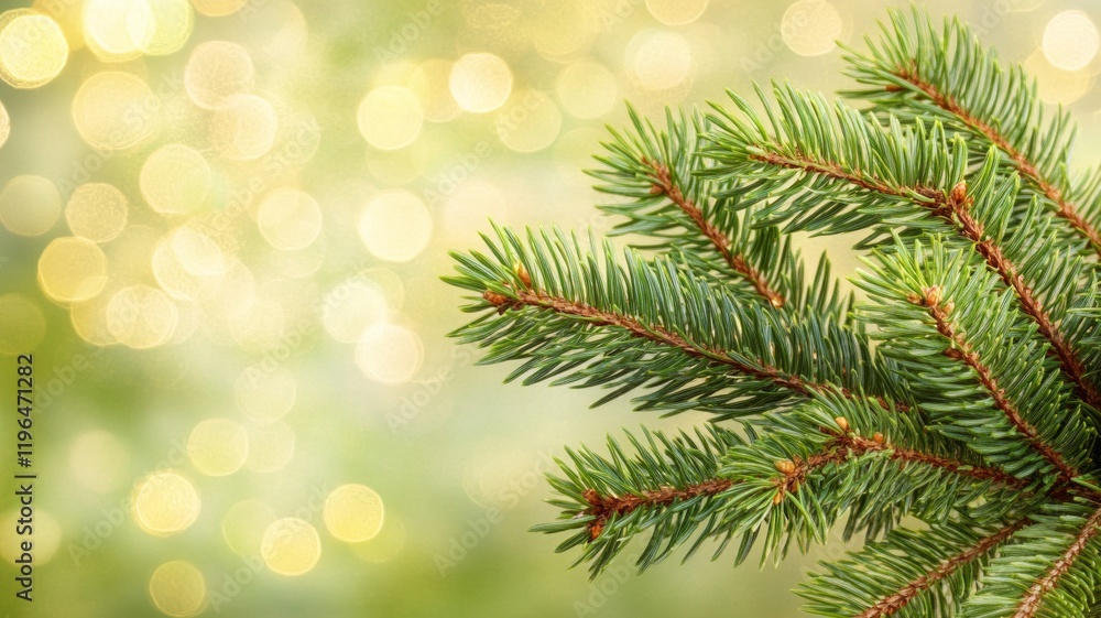 Festive Evergreen Branch with Sparkling Bokeh Background Festive Evergreen Branch with Sparkling Bokeh Background