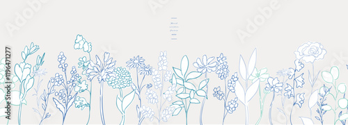 手書きの草木。草木の線画ベクターイラスト。植物のベクターイラストセット。シンプルな草木イラスト。Hand drawn grass and trees. Line drawing vector illustration of plants and trees. Vector illustration set of plants. Simple grass and trees illustration