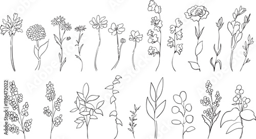 手書きの草木。草木の線画ベクターイラスト。植物のベクターイラストセット。シンプルな草木イラスト。Hand drawn grass and trees. Line drawing vector illustration of plants and trees. Vector illustration set of plants. Simple grass and trees illustration