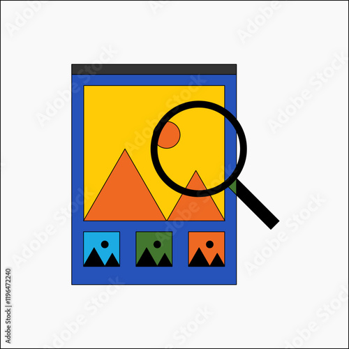 Image search magnified on a photo with mountains and sun in flat vector illustration symbolizing media browsing and visual content discovery, isolated on white background.