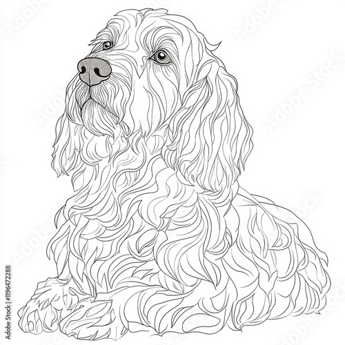 A charming line art portrait of a fluffy dog, a captivating monochrome drawing of a canine companion, perfect for pet lovers and art enthusiasts. photo