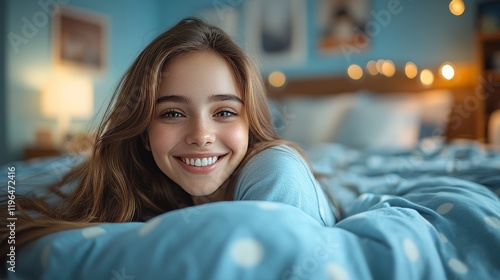 A young woman smiles brightly while lying in bed, creating a warm and cozy atmosphere in a well-lit bedroom. photo