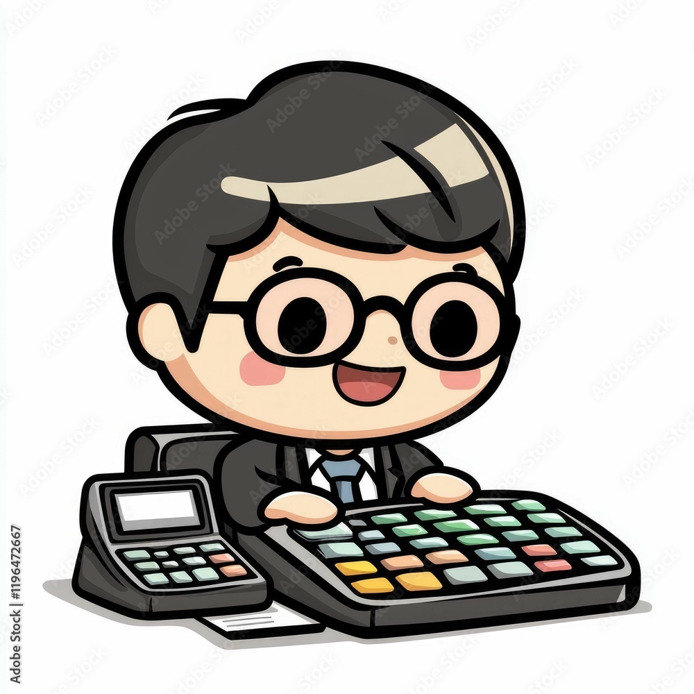 A Cheerful Cashier: Cartoon Illustration of a Happy Businessman Using a Calculator in an Office Setting A Cheerful Cashier: Cartoon Illustration of a Happy Businessman Using a Calculator in an Office Setting