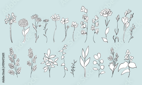 手書きの草木。草木の線画ベクターイラスト。植物のベクターイラストセット。シンプルな草木イラスト。Hand drawn grass and trees. Line drawing vector illustration of plants and trees. Vector illustration set of plants. Simple grass and trees illustration