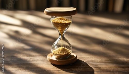 Wooden hourglass on table with sand timer display and copy space photo