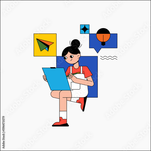 Female content creator reviewing ideas on tablet in flat vector illustration symbolizing creative thinking, content strategy, and media planning, isolated on white background.