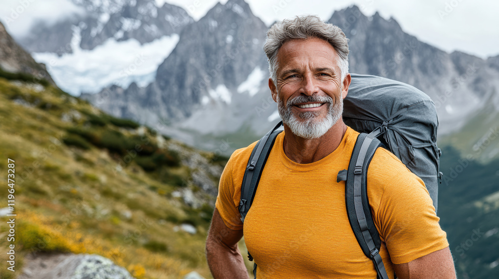 Enjoying scenic hike, older man smiles with mountains behind him Enjoying scenic hike, older man smiles with mountains behind him