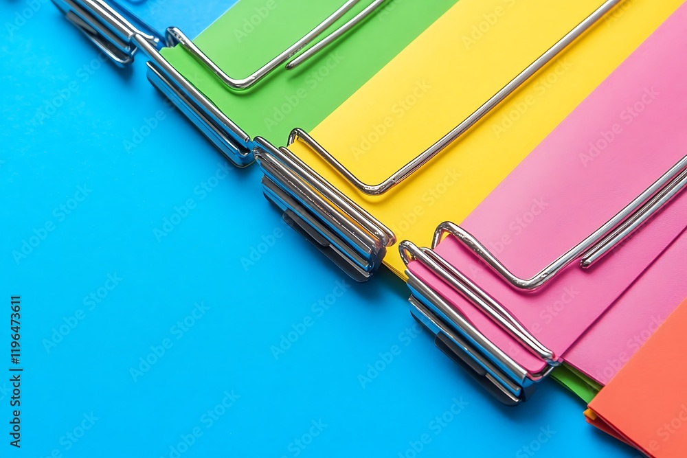 Vibrant Rainbow File Folders with Metal Clips on Blue Background Vibrant Rainbow File Folders with Metal Clips on Blue Background