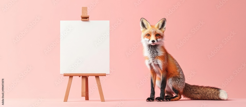 Obraz premium Playful kitten touches blank easel canvas, inviting customization with text or graphics, pastel pink background.