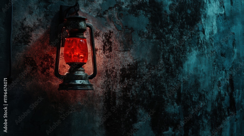 Fototapeta premium Glowing Red Antique Lantern on Dark Textured Wall Halloween Mystery