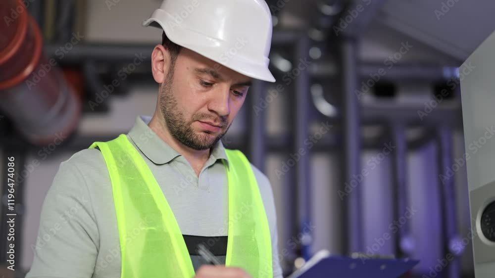 Confident bearded power generation plant worker takes notes on clipboard, looking at the camera and smiling in modern boiler room. Confident bearded power generation plant worker takes notes on clipboard, looking at the camera and smiling in modern boiler room.