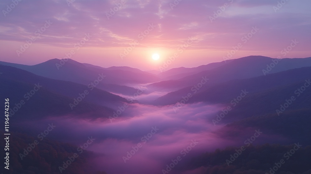 Fototapeta premium Sunrise over misty mountain valley