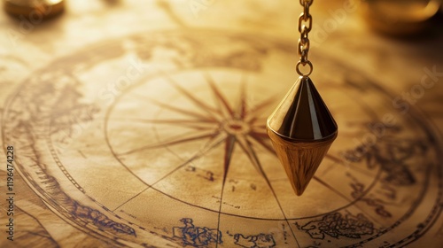 brass pendulum swinging above an old world map, spiritual dowsing for hidden places or lost treasures, with warm sepia tones 