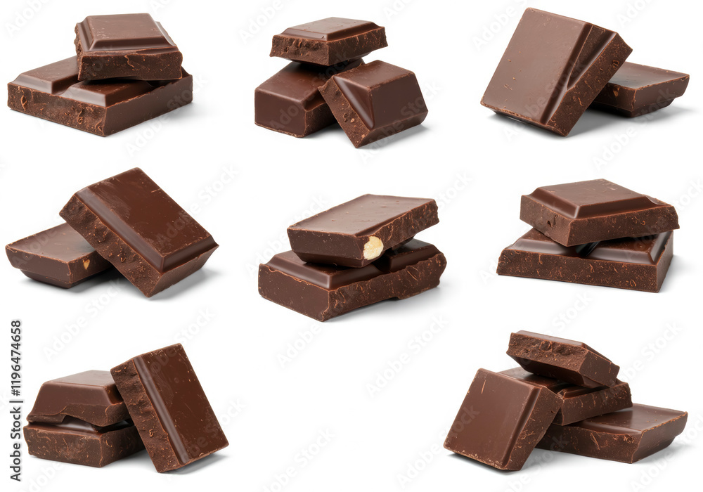 Chunks of rich dark chocolate isolated on a white background, a tempting collection Chunks of rich dark chocolate isolated on a white background, a tempting collection