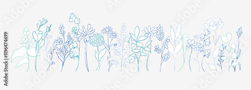 手書きの草木。草木の線画ベクターイラスト。植物のベクターイラストセット。シンプルな草木イラスト。Hand drawn grass and trees. Line drawing vector illustration of plants and trees. Vector illustration set of plants. Simple grass and trees illustration