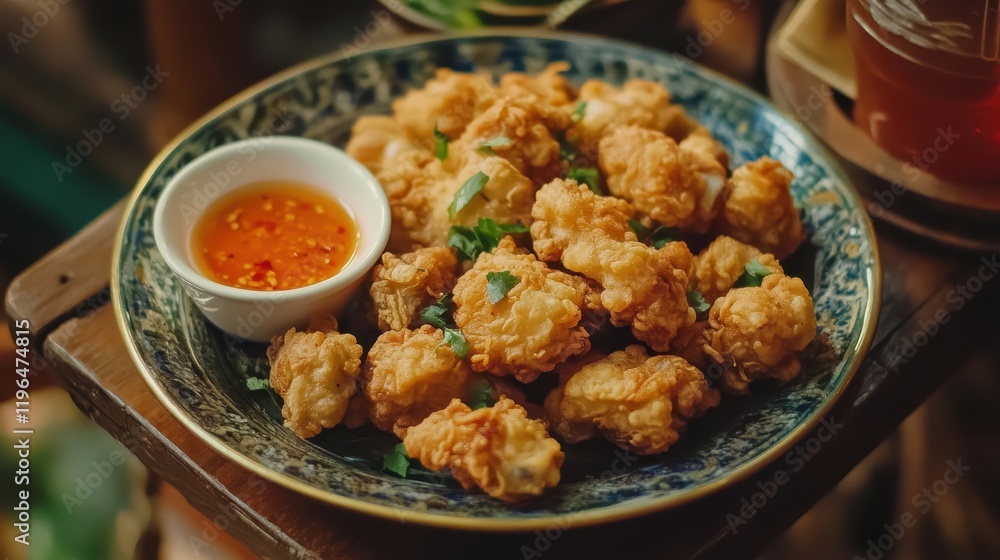 Crispy Golden Brown Fried Chicken Served with Spicy Dipping Sauce on White Plate Crispy Golden Brown Fried Chicken Served with Spicy Dipping Sauce on White Plate