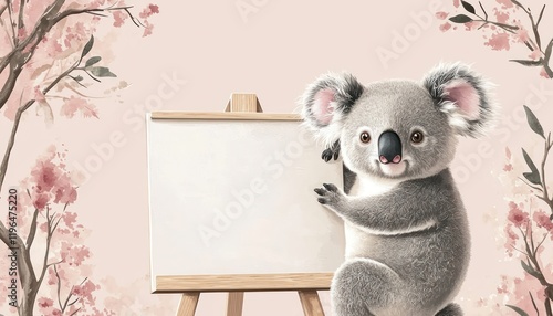 Wise owl positioned on easel, focused on blank board, set against a pastel pink backdrop. photo