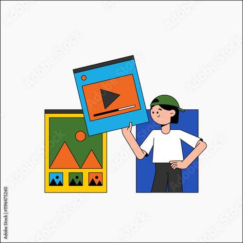 Boy presenting digital content in flat vector illustration symbolizing media, online platforms, and content creation, isolated on white background.