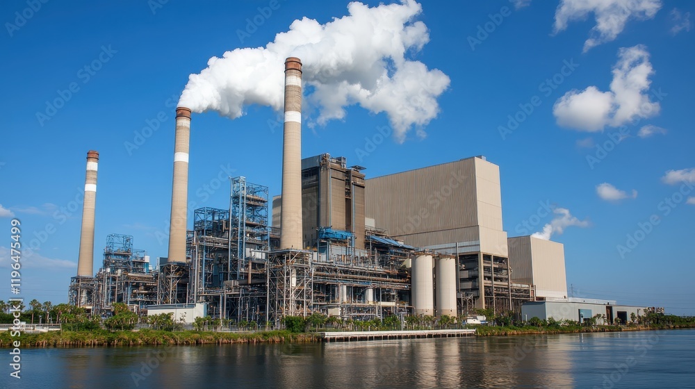 Industrial Power Plant with Smokestacks Releasing Thick Smoke into the Atmosphere Industrial Power Plant with Smokestacks Releasing Thick Smoke into the Atmosphere