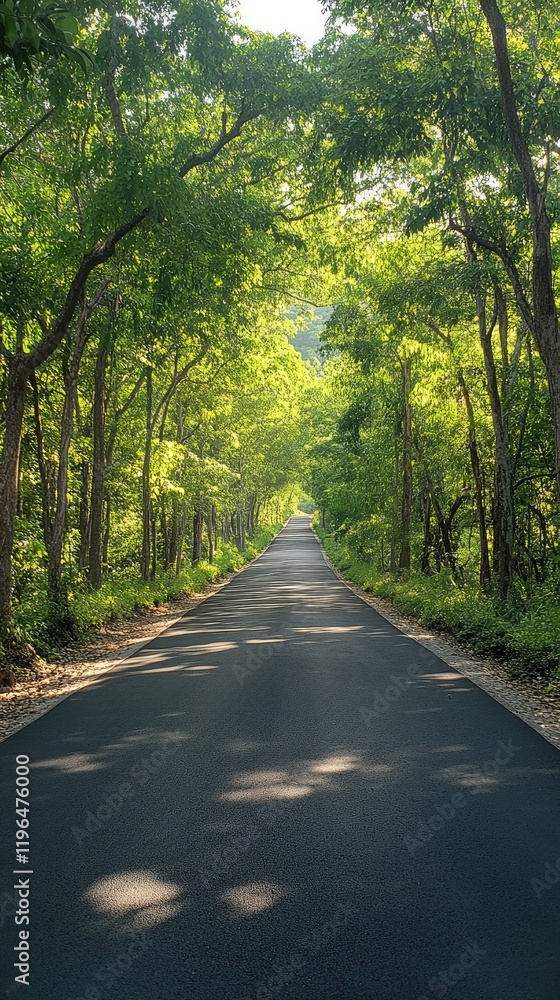 Obraz premium Wet asphalt road leading through lush green forest after rain