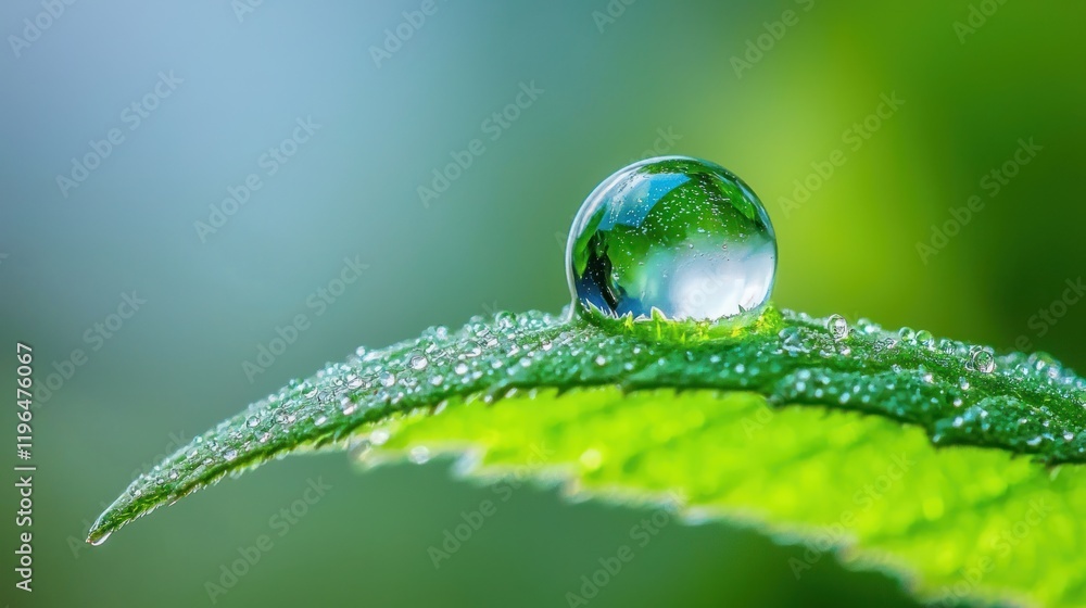 A macro shot of a dewdrop resting on a leaf, reflecting the surrounding plants and sky in crystal-clear detail A macro shot of a dewdrop resting on a leaf, reflecting the surrounding plants and sky in crystal-clear detail