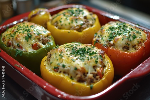 Colorful bell peppers stuffed with meat and gratinated with cheese, resting in a red baking dish photo