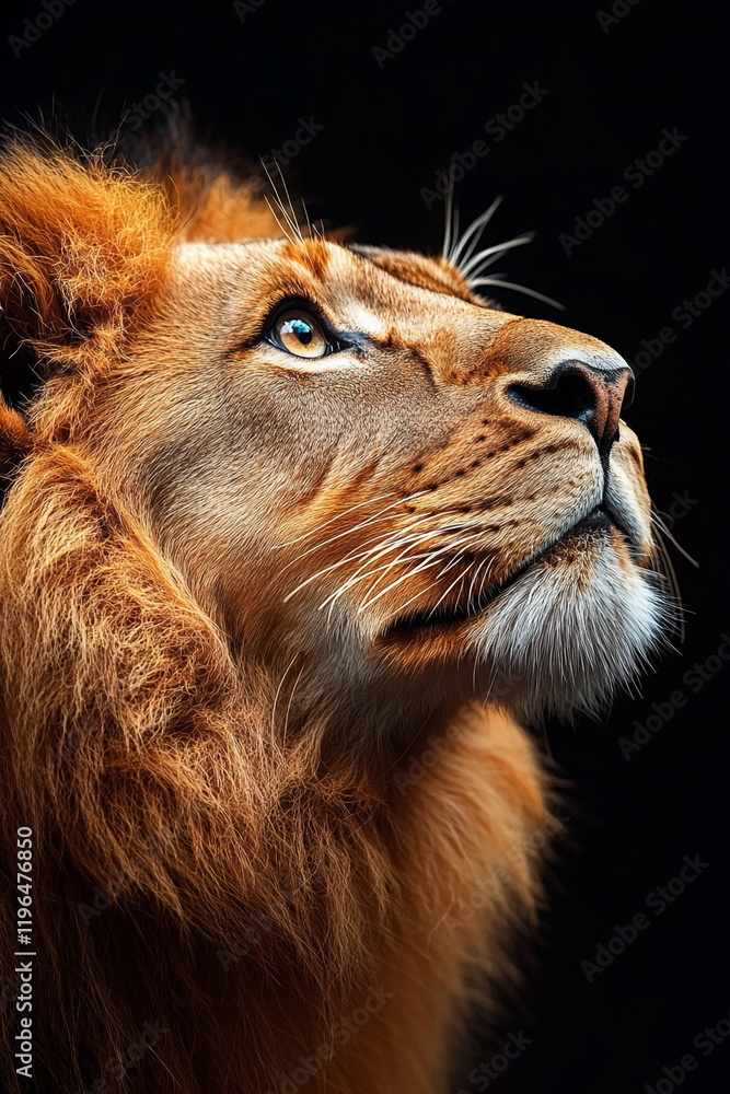 Fototapeta premium Majestic Lion Profile Gazing Upwards Against Dark Background