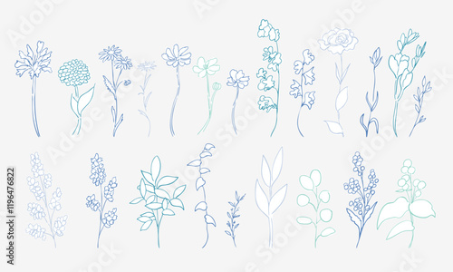 手書きの草木。草木の線画ベクターイラスト。植物のベクターイラストセット。シンプルな草木イラスト。Hand drawn grass and trees. Line drawing vector illustration of plants and trees. Vector illustration set of plants. Simple grass and trees illustration