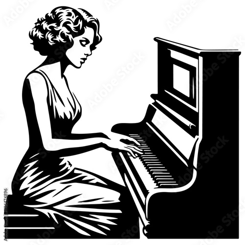 Woman Play Piano Illustration.