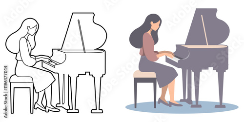 Woman Play Piano Illustration.