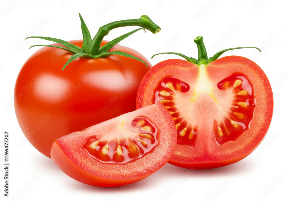 Juicy red tomato sliced in half, isolated on a clean white background Juicy red tomato sliced in half, isolated on a clean white background