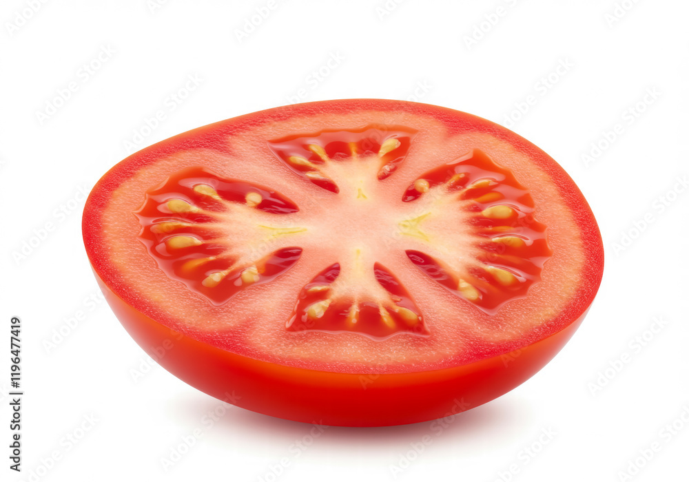 Juicy red tomato sliced in half, isolated on a clean white background Juicy red tomato sliced in half, isolated on a clean white background
