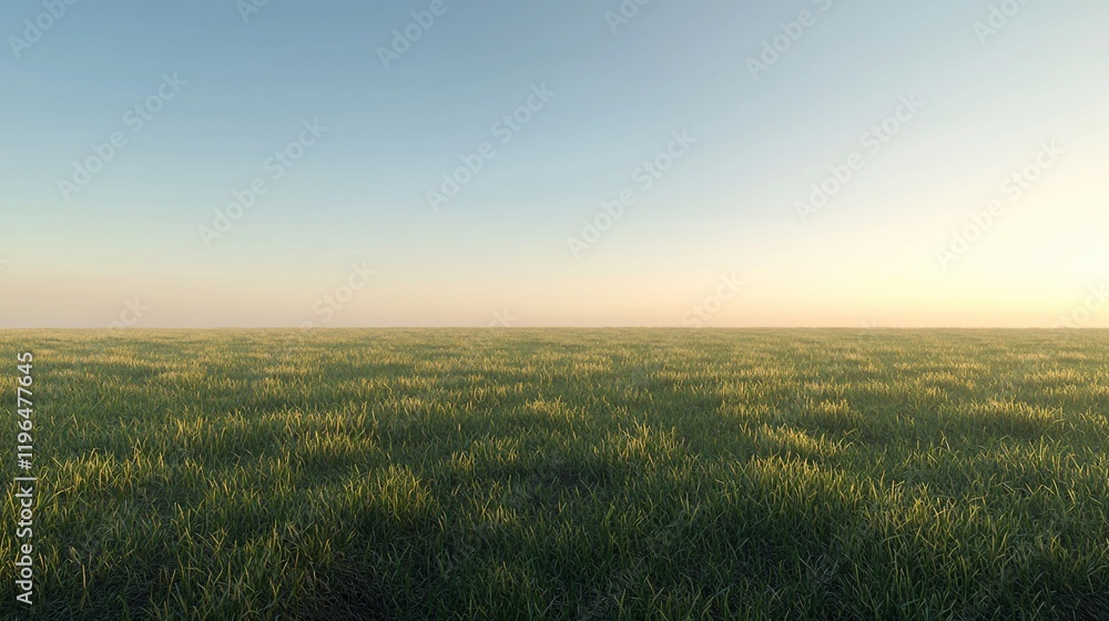 Obraz premium Serene sunrise over a vast, misty green field.