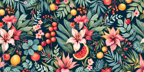 Vibrant Tropical Floral Fruit Pattern Design photo